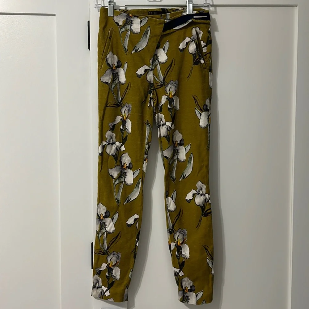 ZARA Mustard Yellow White Orchid Floral Linen Skinny Cigarette Pants
